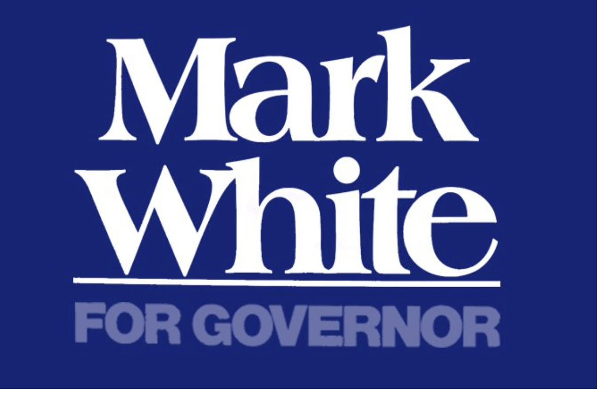 Mark White for Governor campaign logo in white serif type on campaign blue.