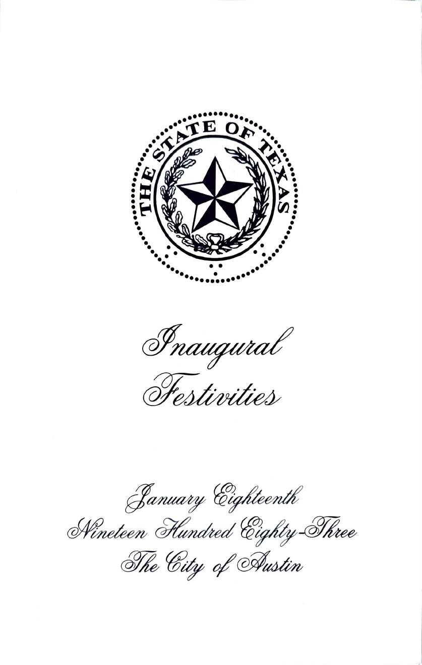 Cover of the 1983 Inaugural Festivities program: the State of Texas seal above elegant script reading Inaugural Festivities, January Eighteenth, Nineteen Hundred Eighty-Three, The City of Austin.